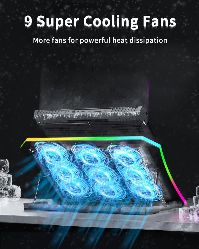 KeiBn Upgraded Gaming Laptop Cooler Pad with 9 Quiet RGB Fans, Cooling Pad for 15.6-17.3 Inch Laptops with 7 Height Stands, 2 USB Ports, Phone Stand-Blue - Image 2